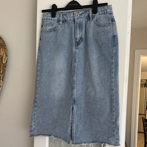 CHARLIE B Light Blue Denim Midi Skirt with Center Slit - Picture 1 of 3